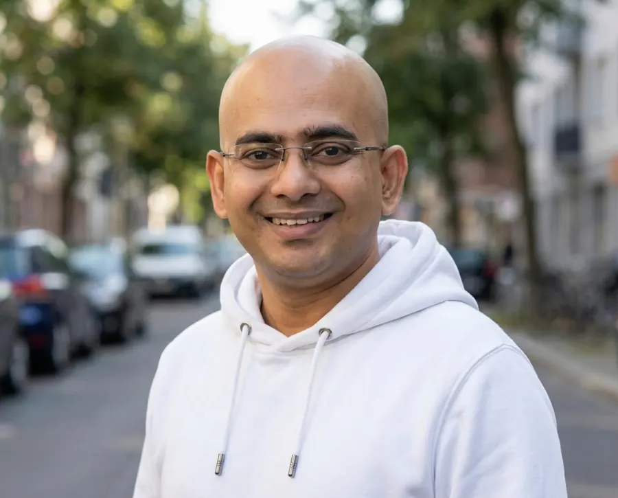Jewel Chanda in a white hoodie on a city street