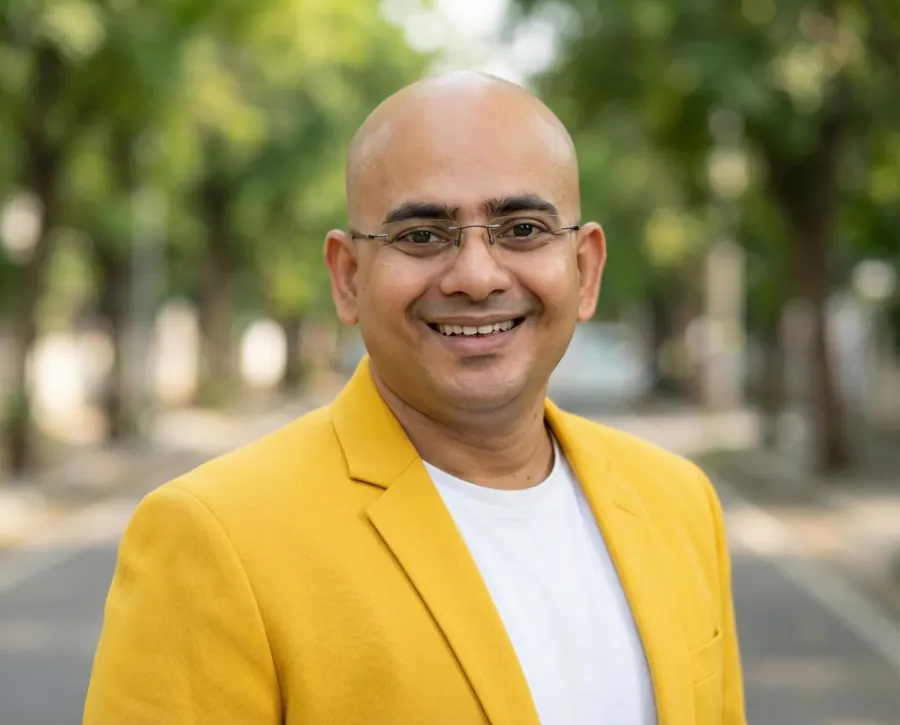 Jewel Chanda in a yellow blazer on a tree-lined street
